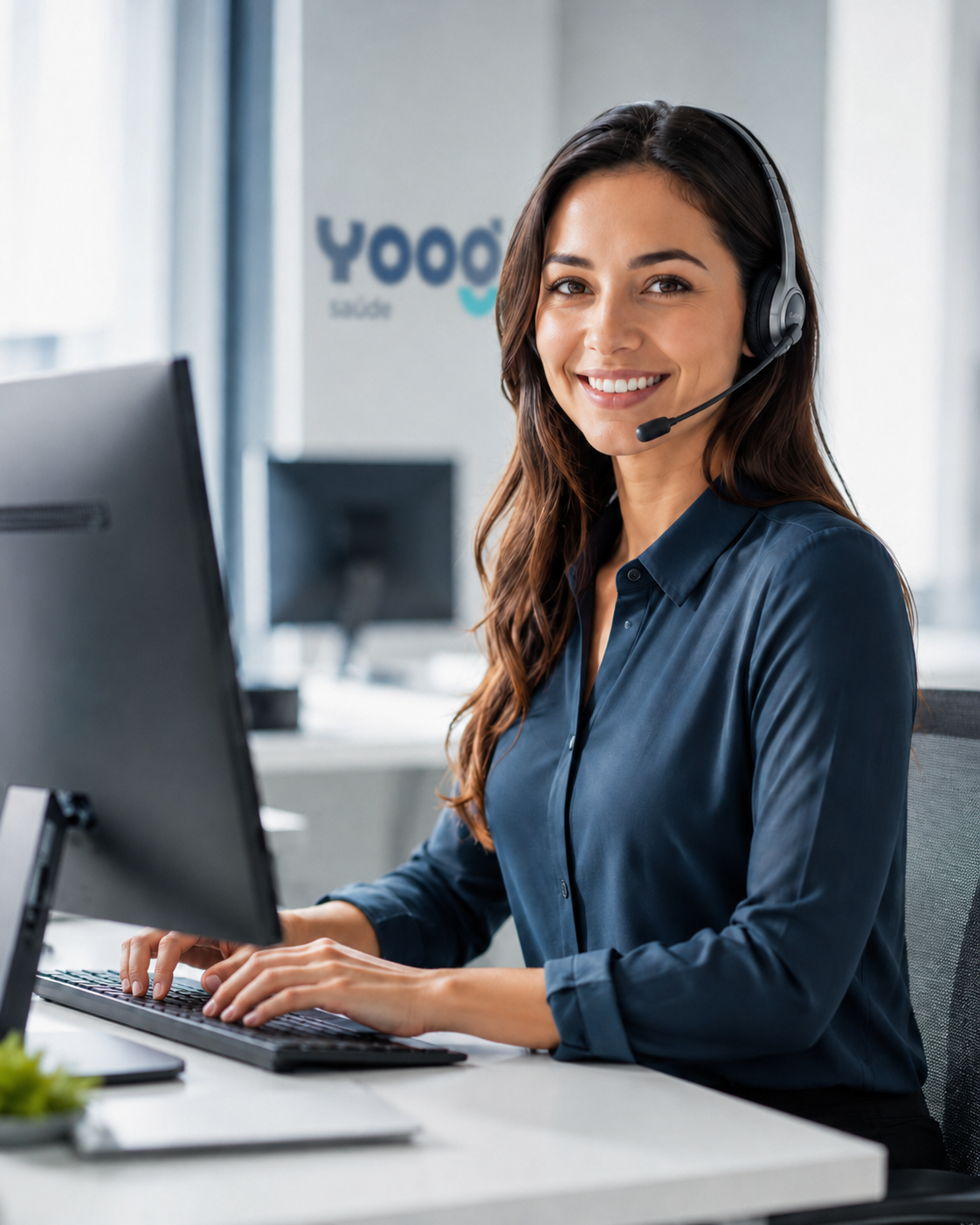 Secretária remota atendendo via WhatsApp e dashboard
